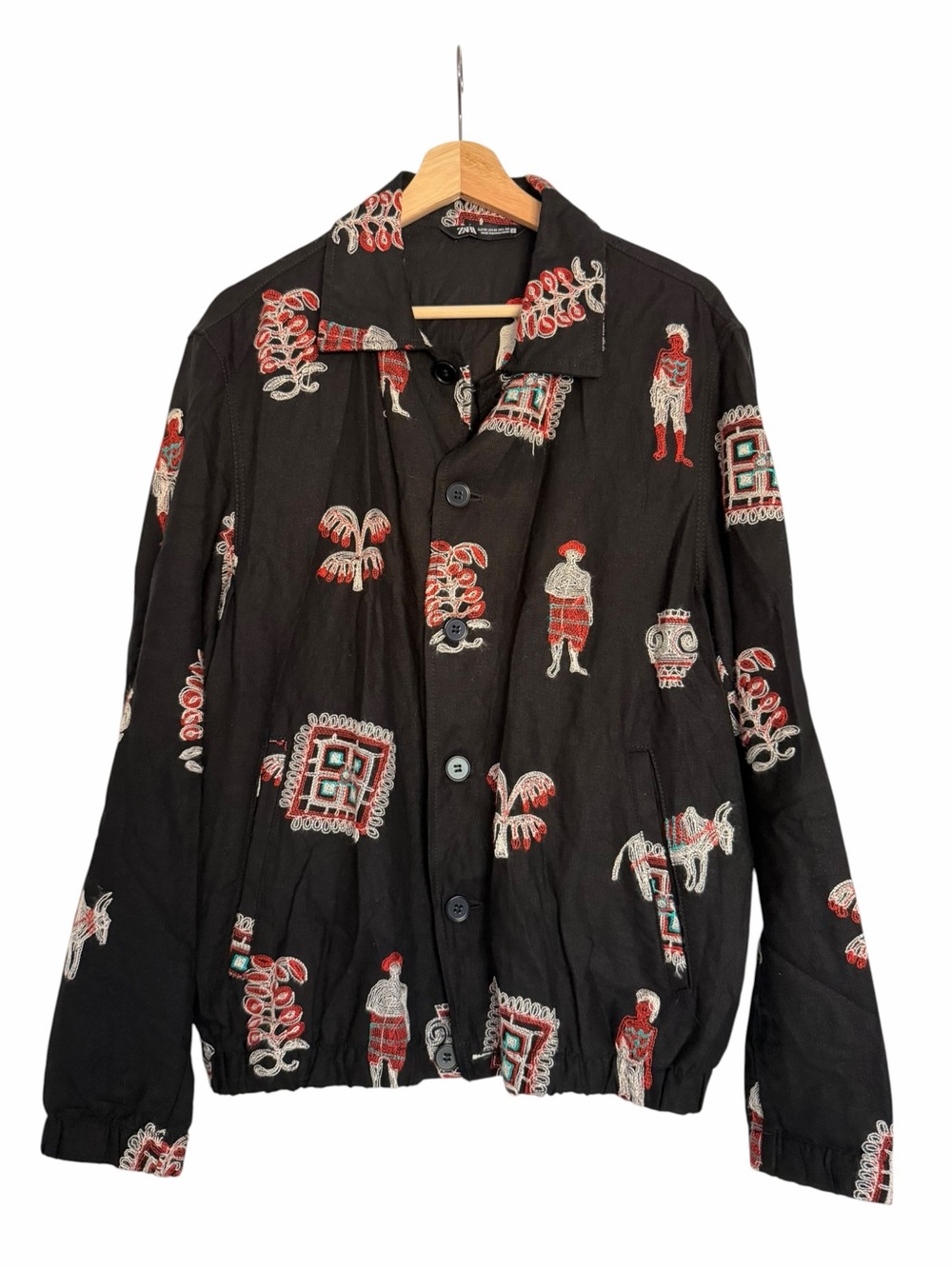 Zara Mens Medium Black Embroidered Jacket Folk Art Boho Red Turquoise